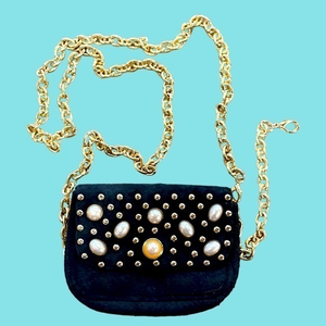 Mini Bag Black Pearl Faux Suede Gold Studs w/Long‎ Chain Strap
